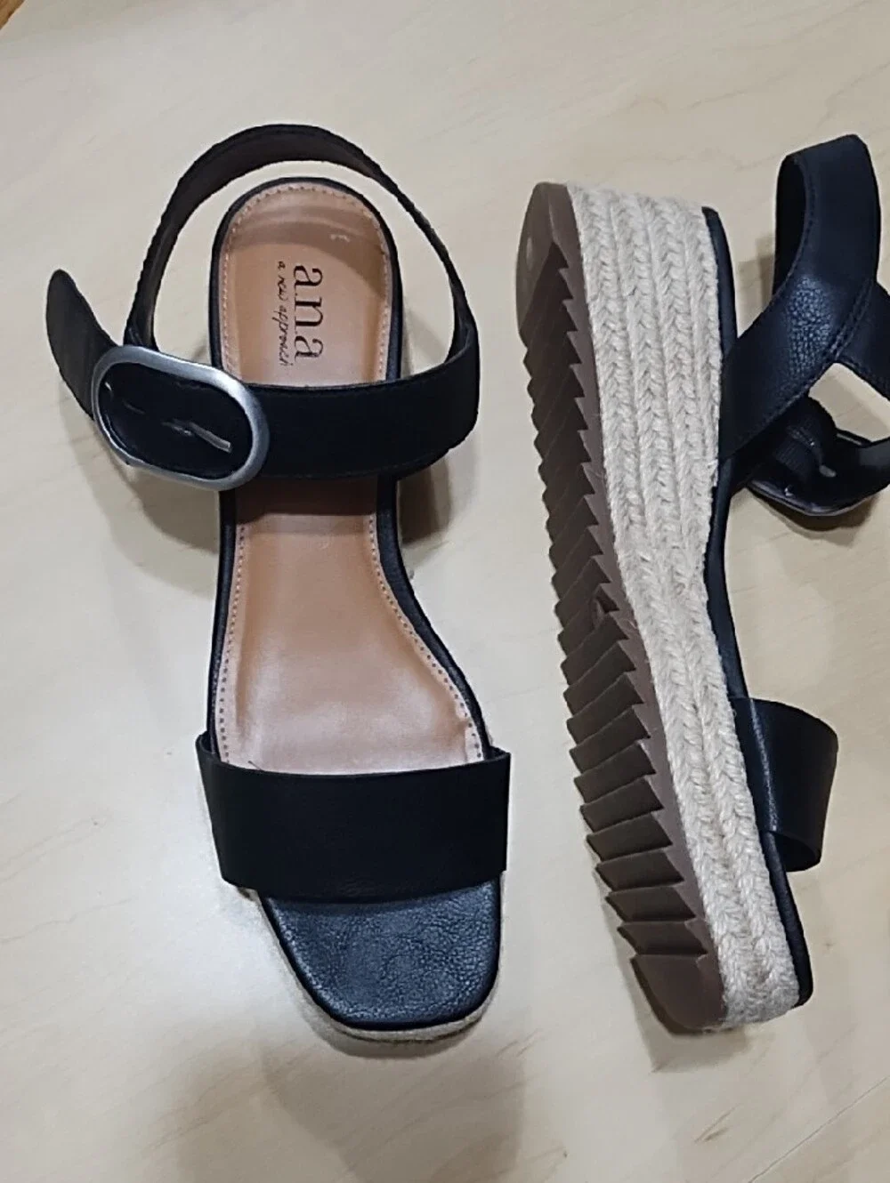 a.n.a Black Strappy Wedge Sandals with Silver Buckle Like New Size 8.5.